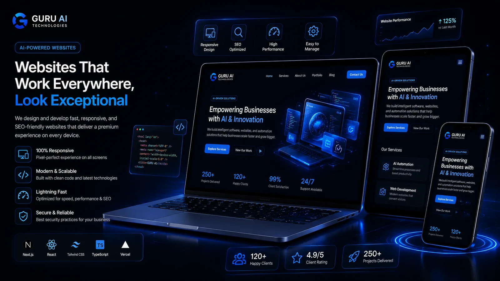 Preview of premium responsive AI-powered websites and dashboards built by GURU AI Technologies