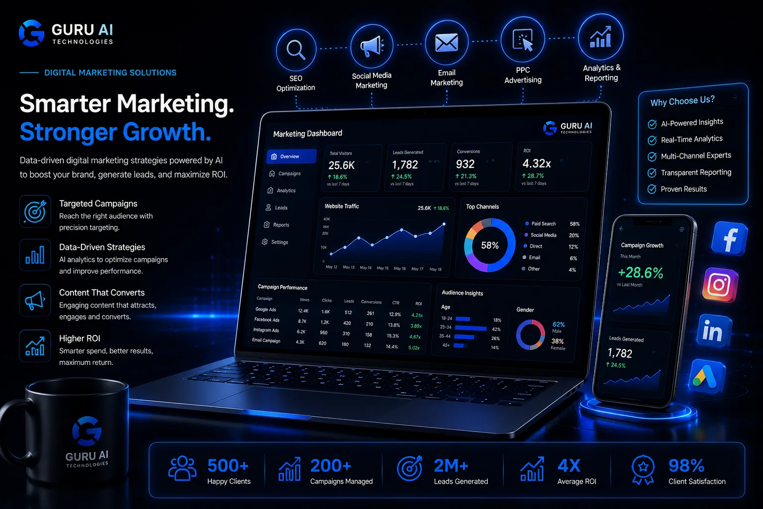 Preview of a digital marketing analytics dashboard with campaign and SEO performance